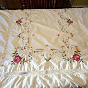 VTG Embroidered Cross Stitch Linen Tablecloth 112x64 White Crochet Edge Handmade
